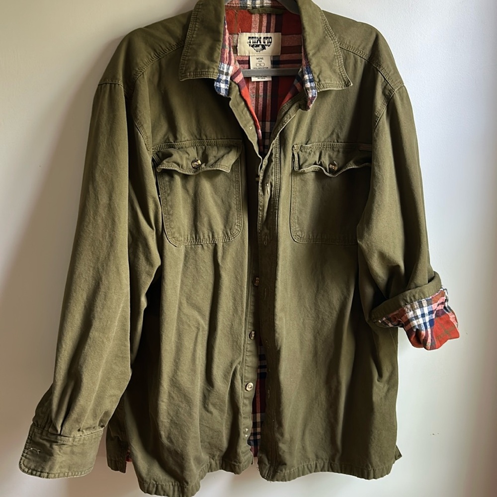 Old Mill Mens Chore Coat Large Olive Lightweight Canvas Flannel Lining Shacket
